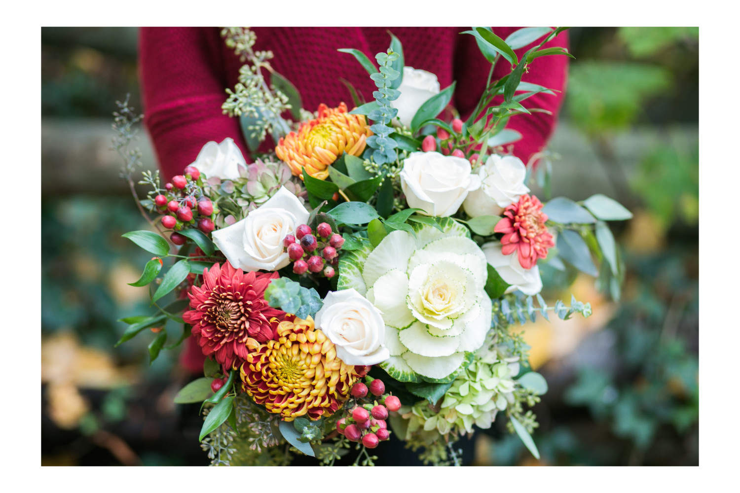 Closeup of Fall bridal bouquet by Ocean Park Flowers in White Rock.