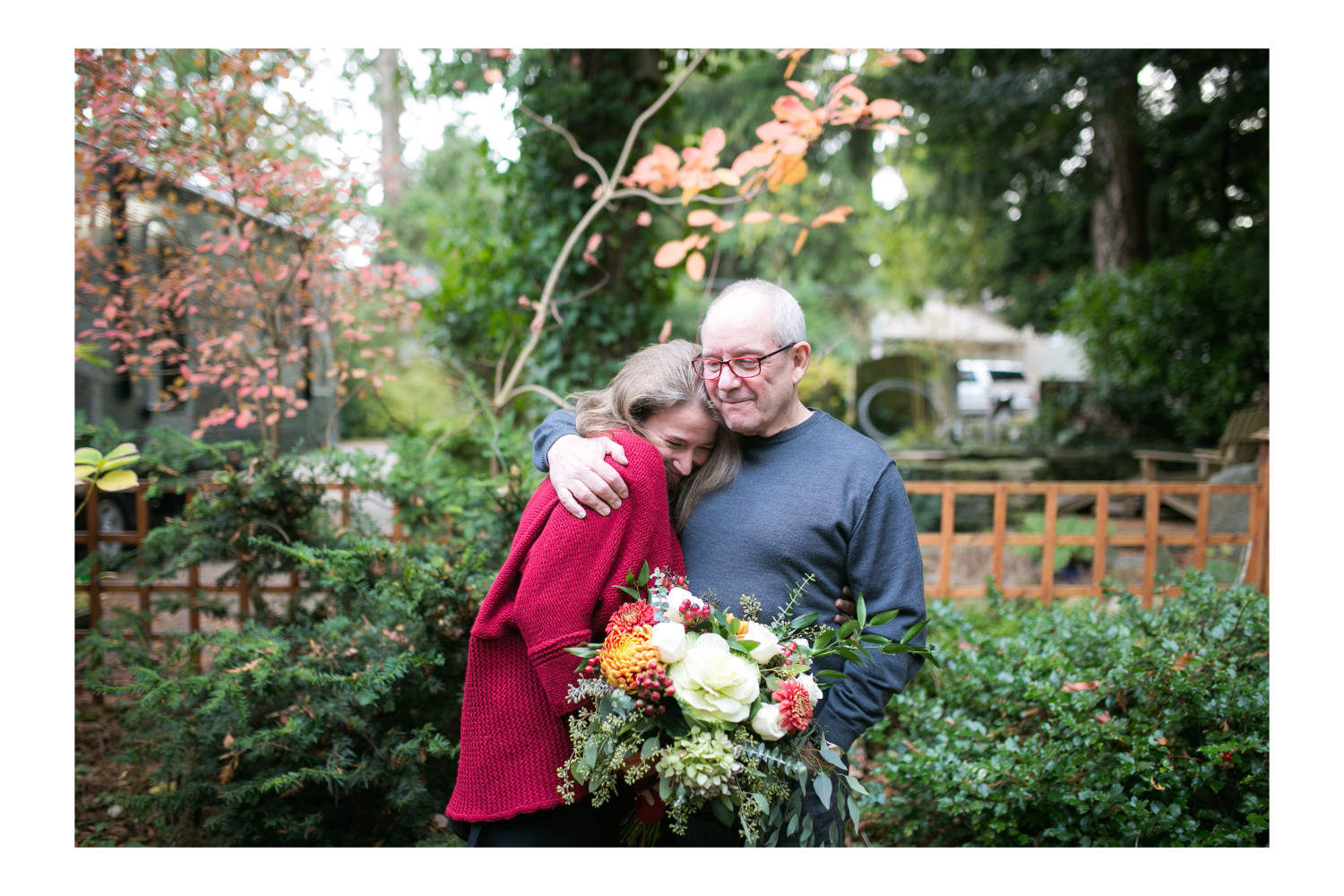 Bride and groom hugging on their wedding day.