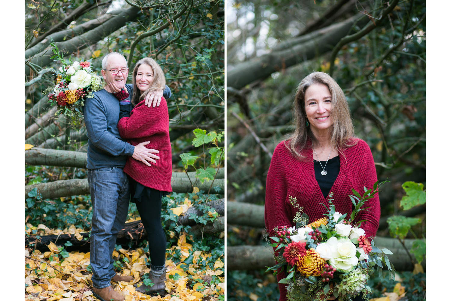 Bride and groom posing next to Fall flowers and showing bridal bouquet.