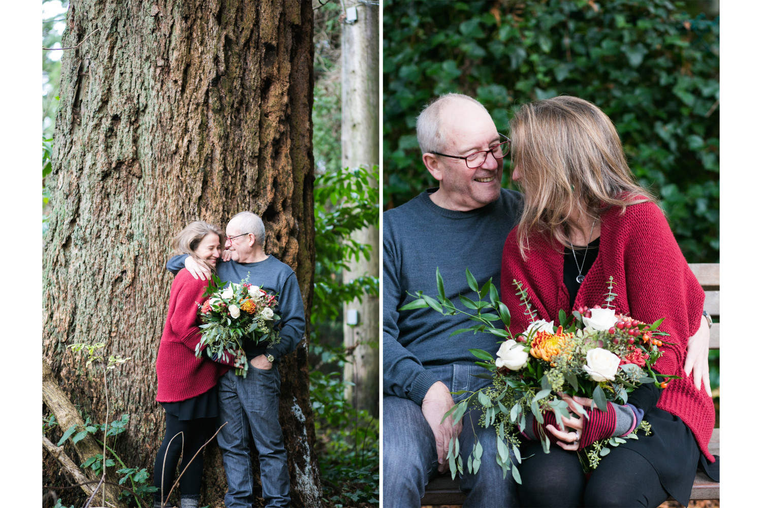 Bride and groom posing next to tall tree amidst Fall colours.