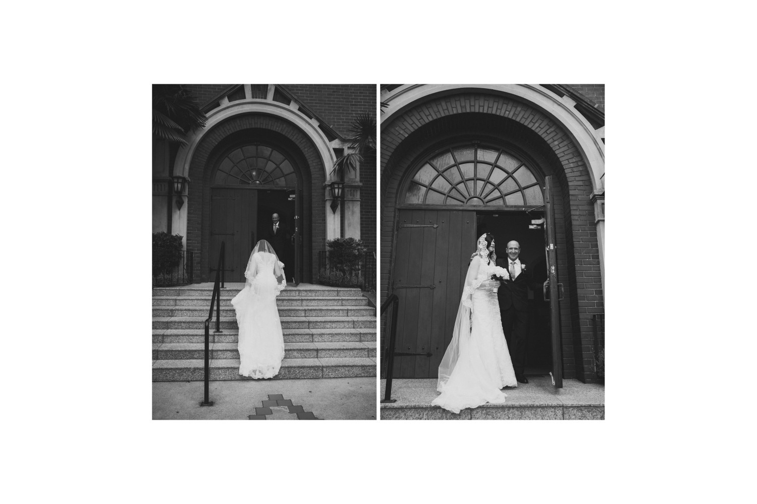Black and white portrait of the bride greeting her father on her wedding day at the St. Francis of Assisi Church.