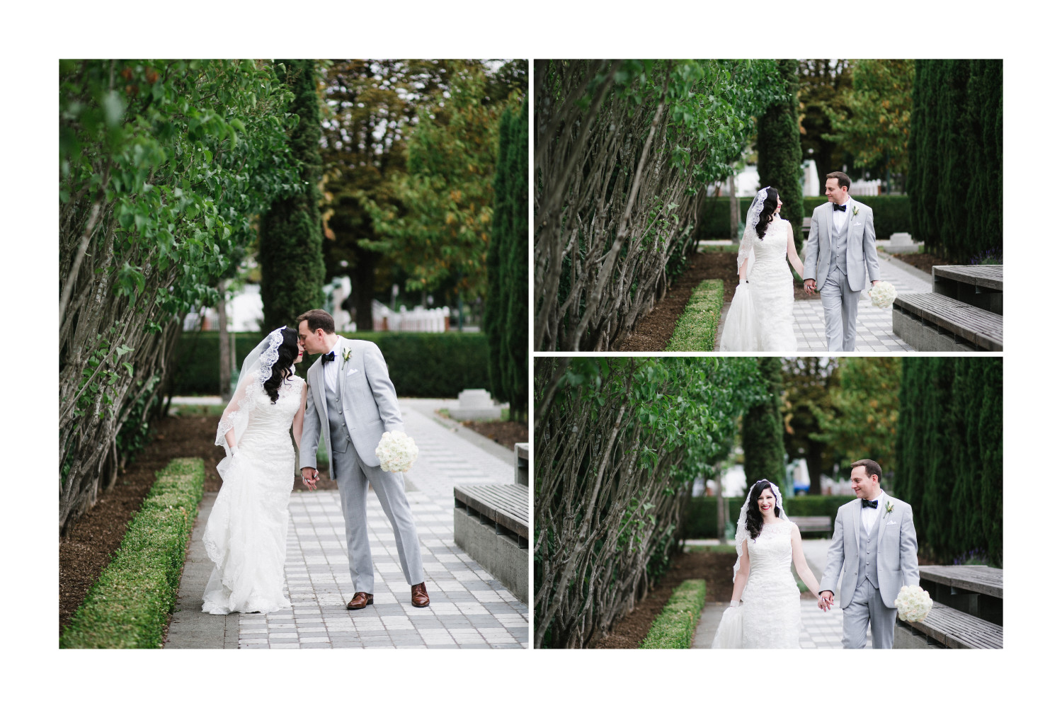 Bride and groom walking side by side and kissing during their Vancouver wedding photography portraits at Italian Garden.