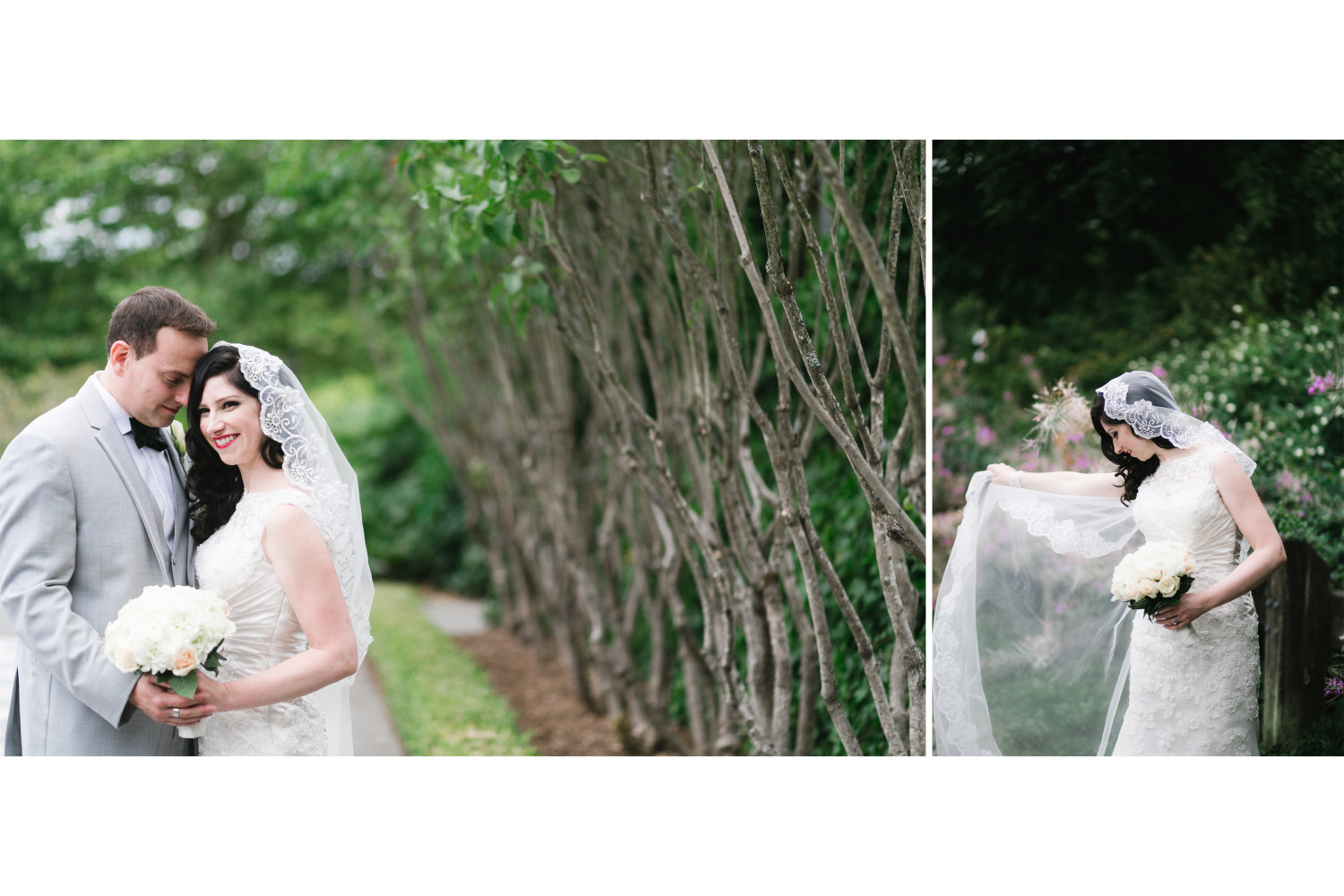 Close-up portraits of the bride and her beautiful lace veil during their wedding portraits at Italian Garden.