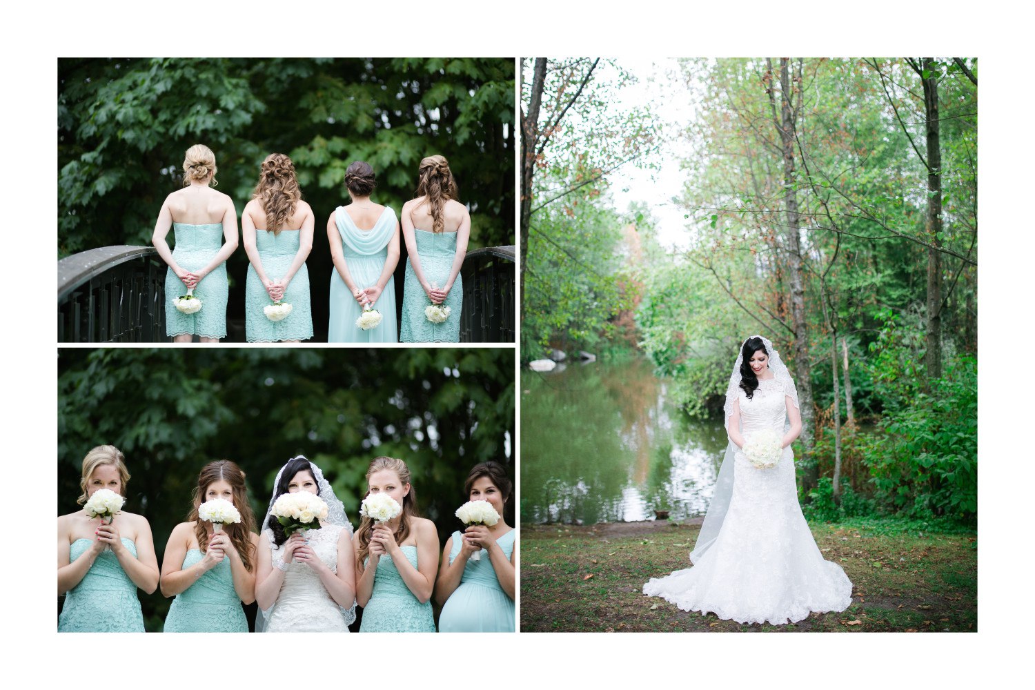 Collage of bride with her bridesmaids and wedding bouquets.