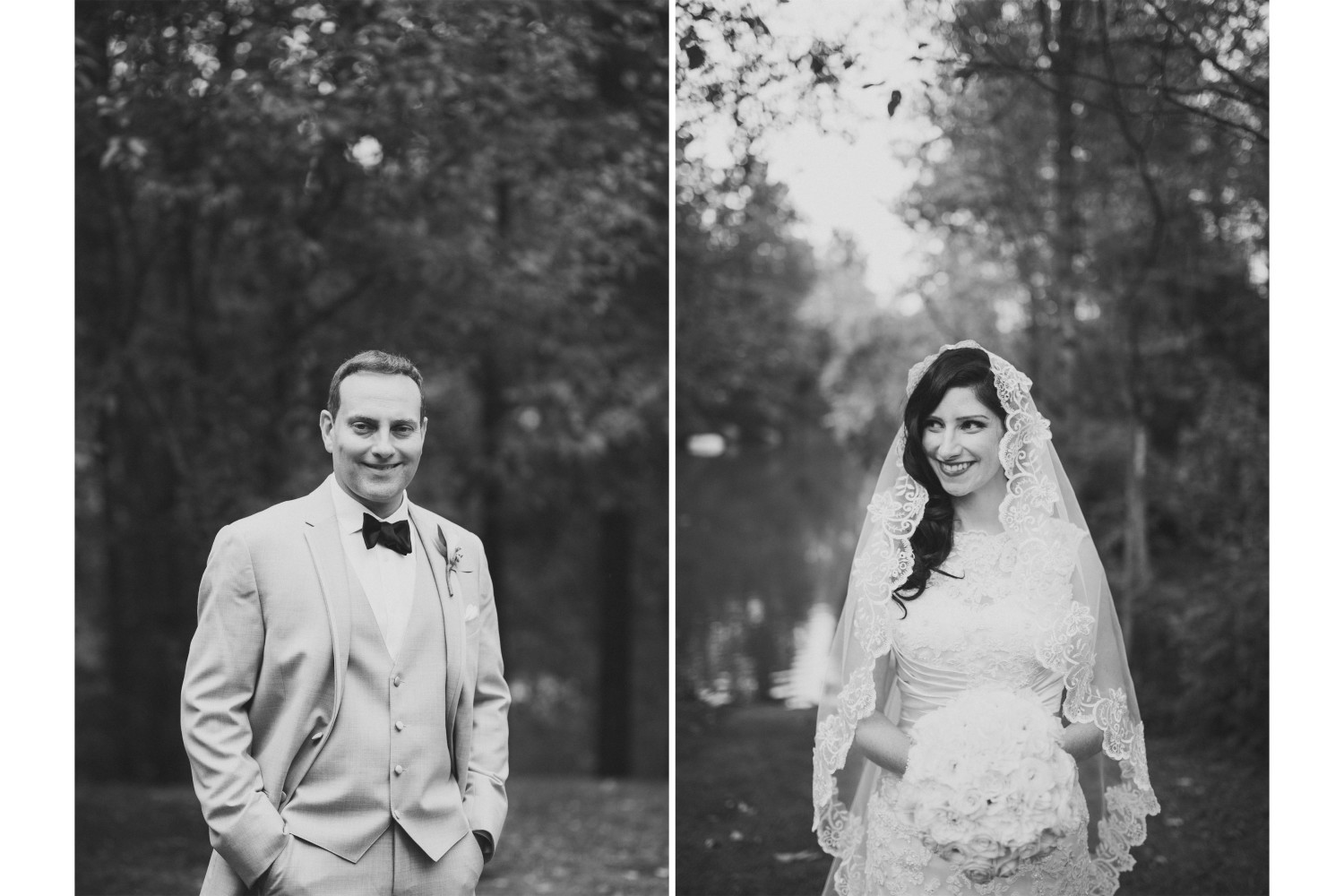 Black and white wedding portraits of the bride and groom standing side by side.