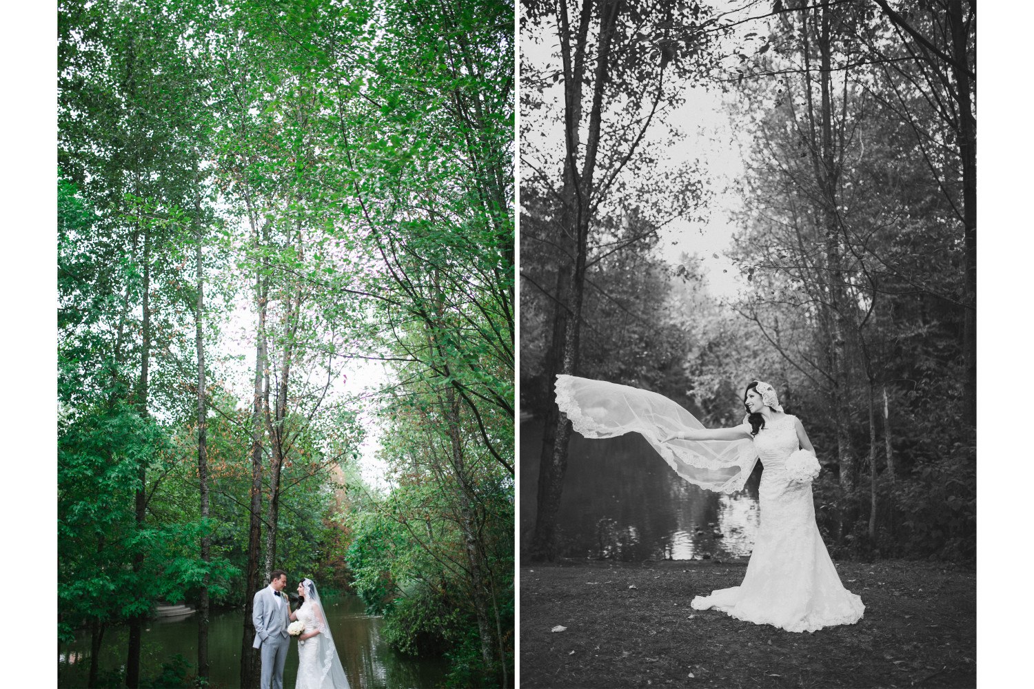 Side by side wedding portraits of bride and groom in the forest and bride's veil blowing in the wind.