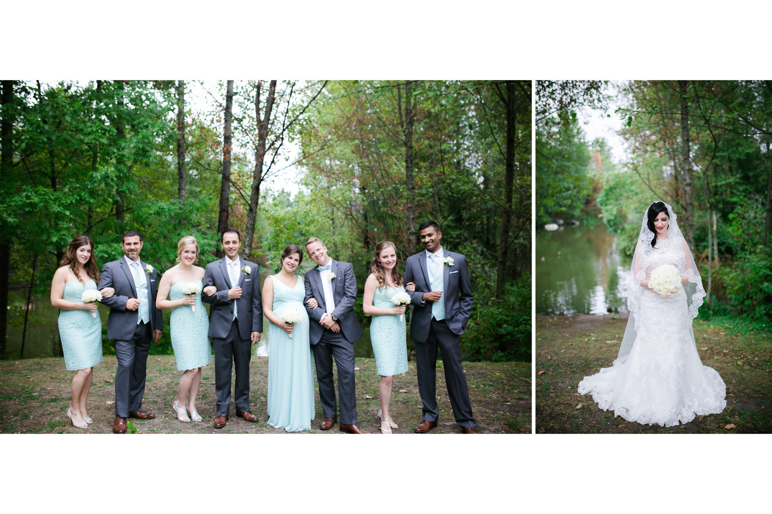 Bridal party smiling for a portrait, alongside the bride during wedding portraits.