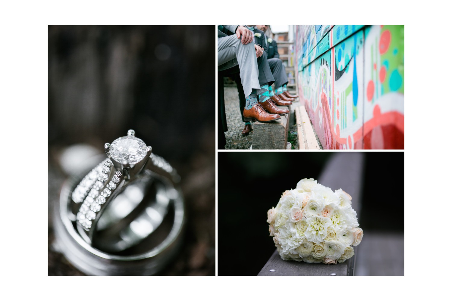 Collage of groomsmen socks and bouquet and ring pictures during Vancouver wedding photography session.