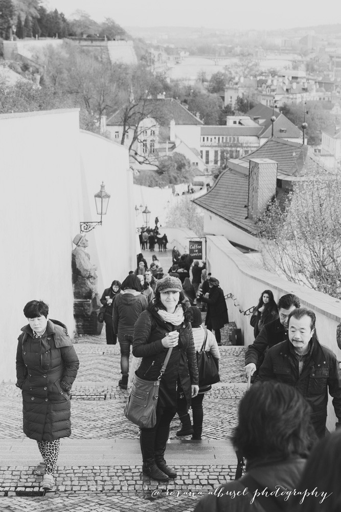 Black and white self-portrait during travel to Prague, Czech Republic in November of 2015.