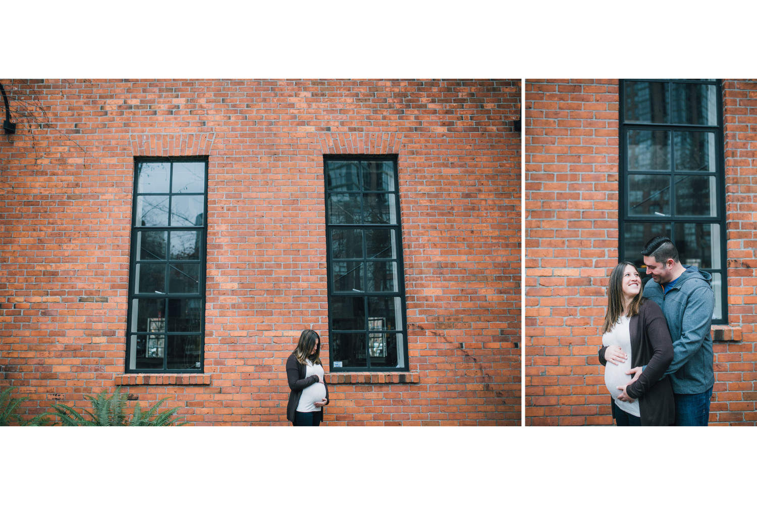 Couple standing in front of brick wall during Vancouver maternity session.