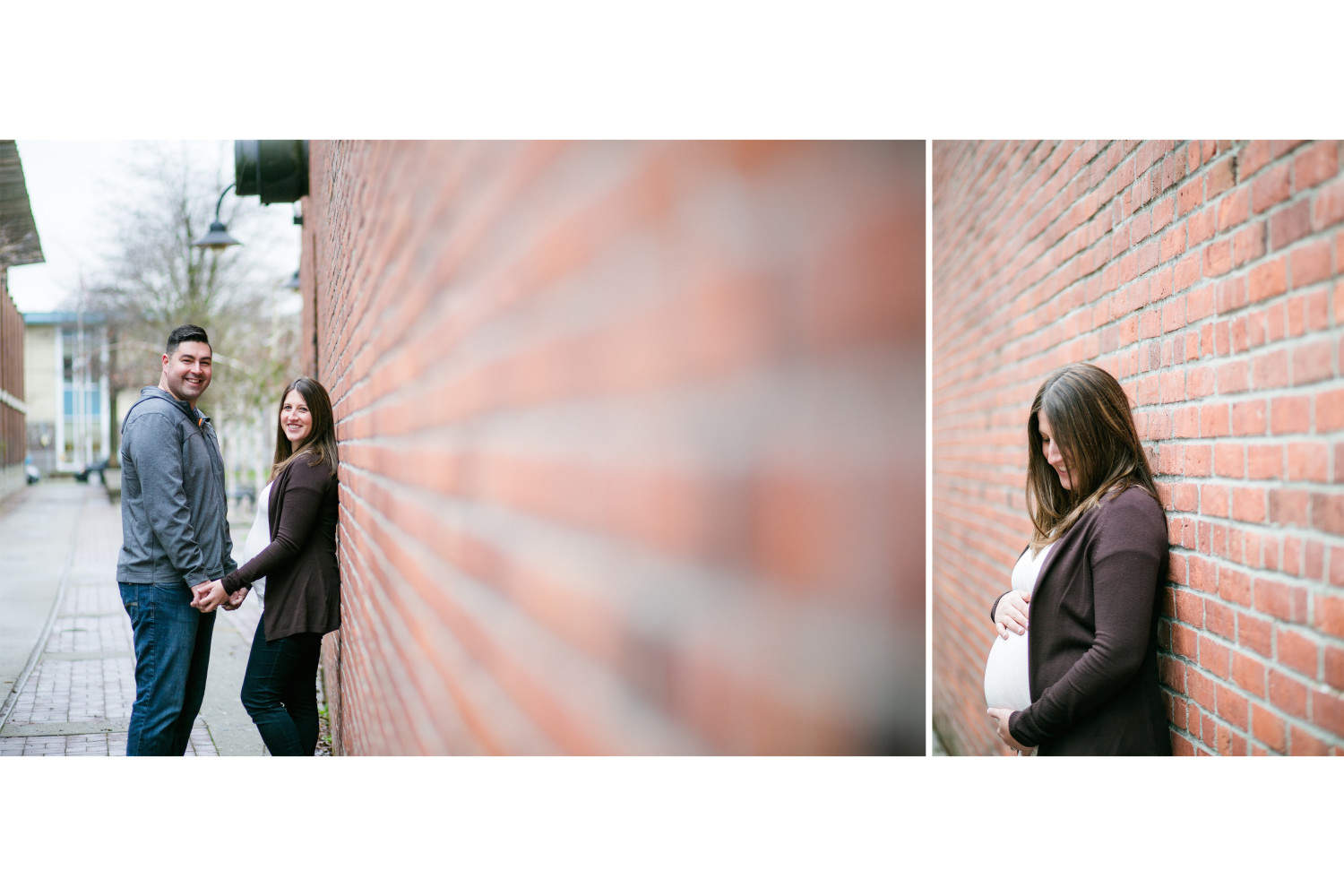 Couple standing in front of brick wall during Vancouver maternity session.