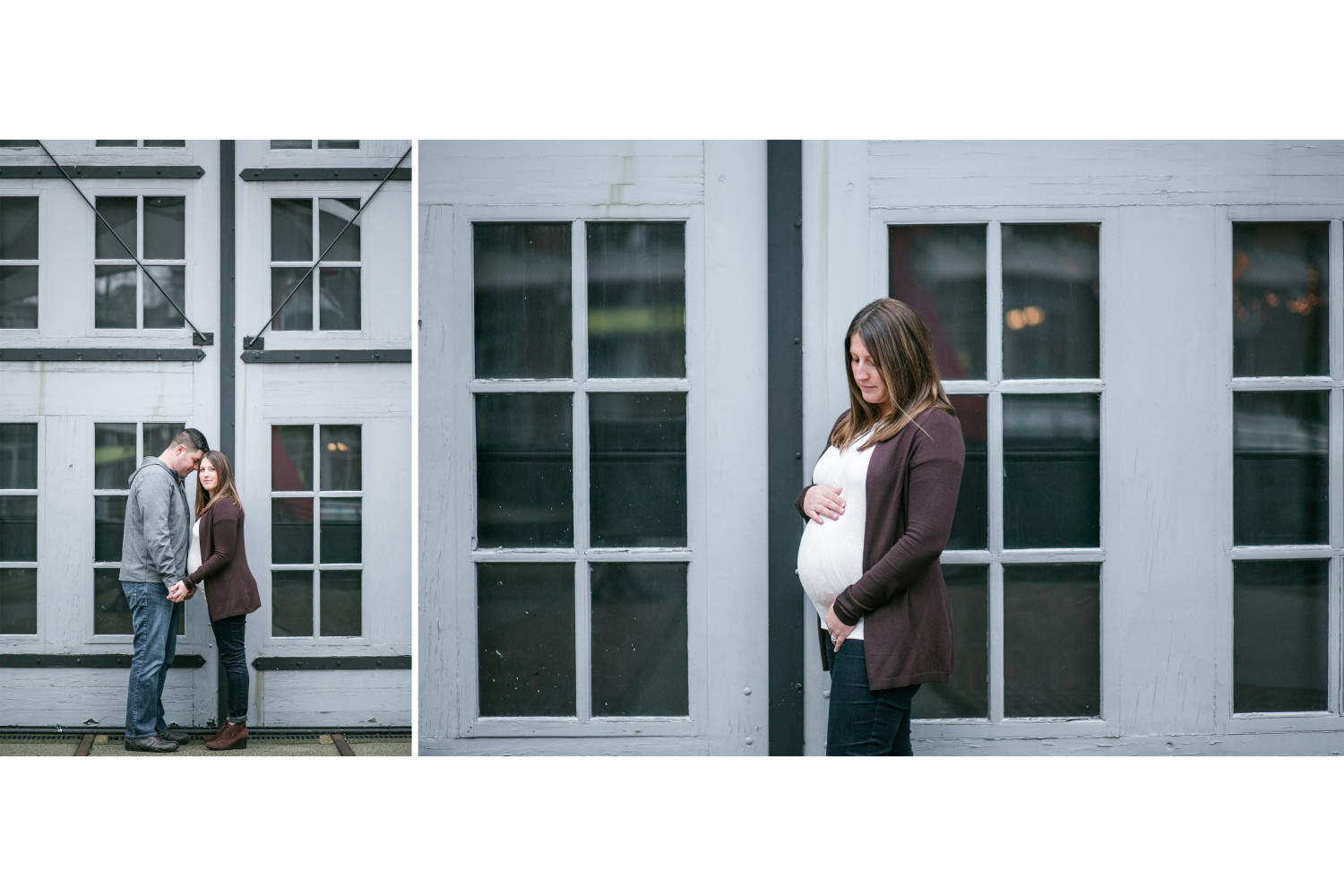 Couple standing in front of big windows during Vancouver maternity session.