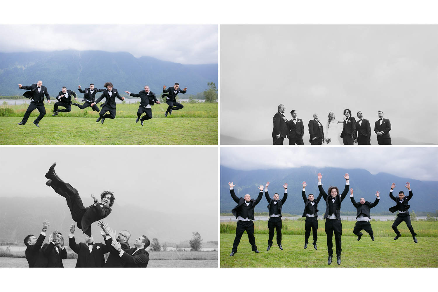 Groomsmen jumping and throwing groom in the air at Fraser River Fishing Lodge during bridal party photos.