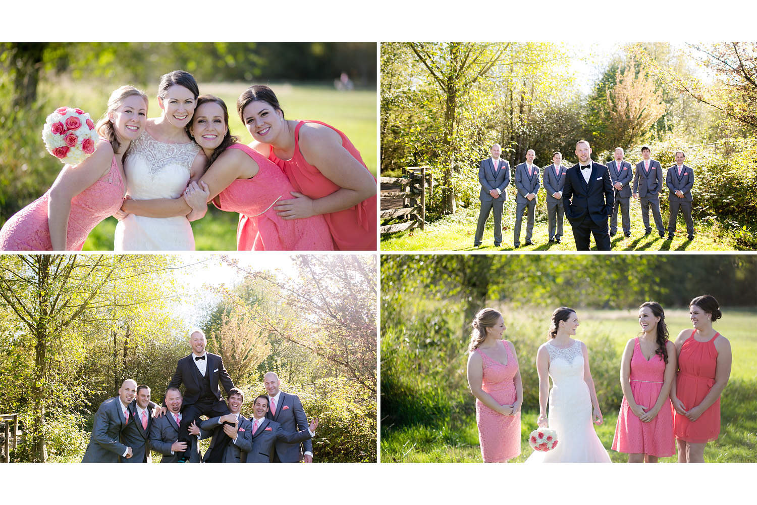 Bridal party having fun during bridal party photos at Campbell Park in Langley, BC.