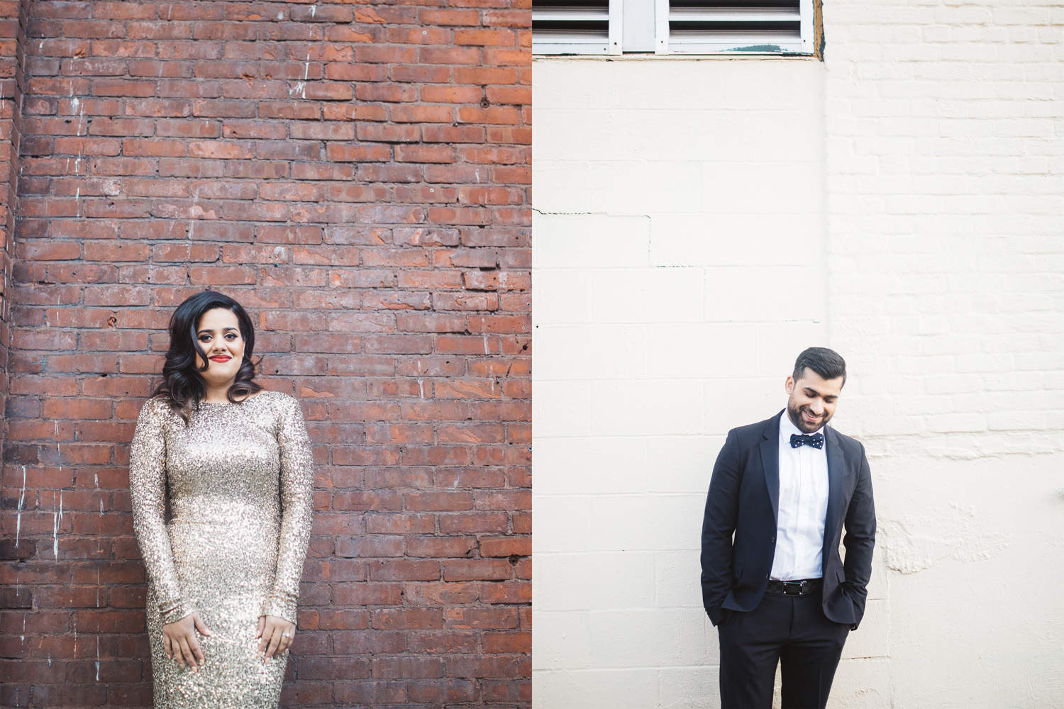 Gastown engagement photography against brick wall.