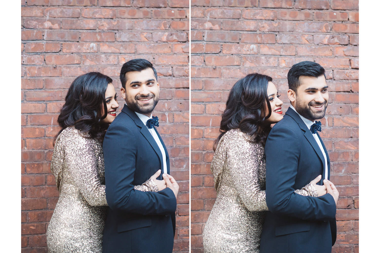 Gastown engagement photography against brick wall.