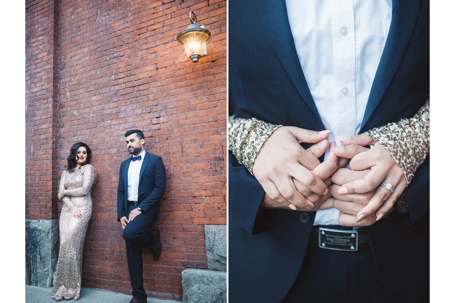 Gastown engagement photography against brick wall.