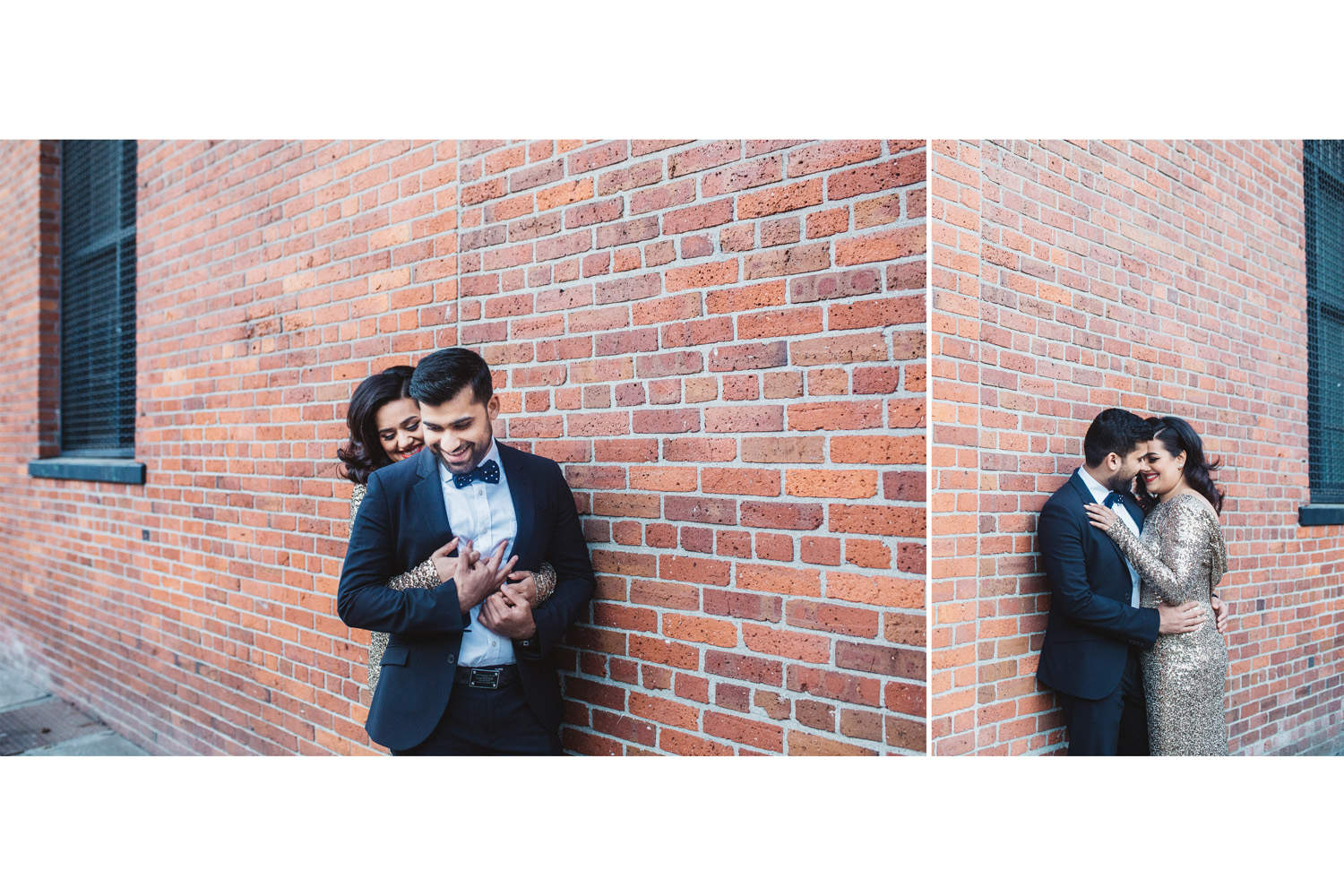 Gastown engagement photography against brick wall.