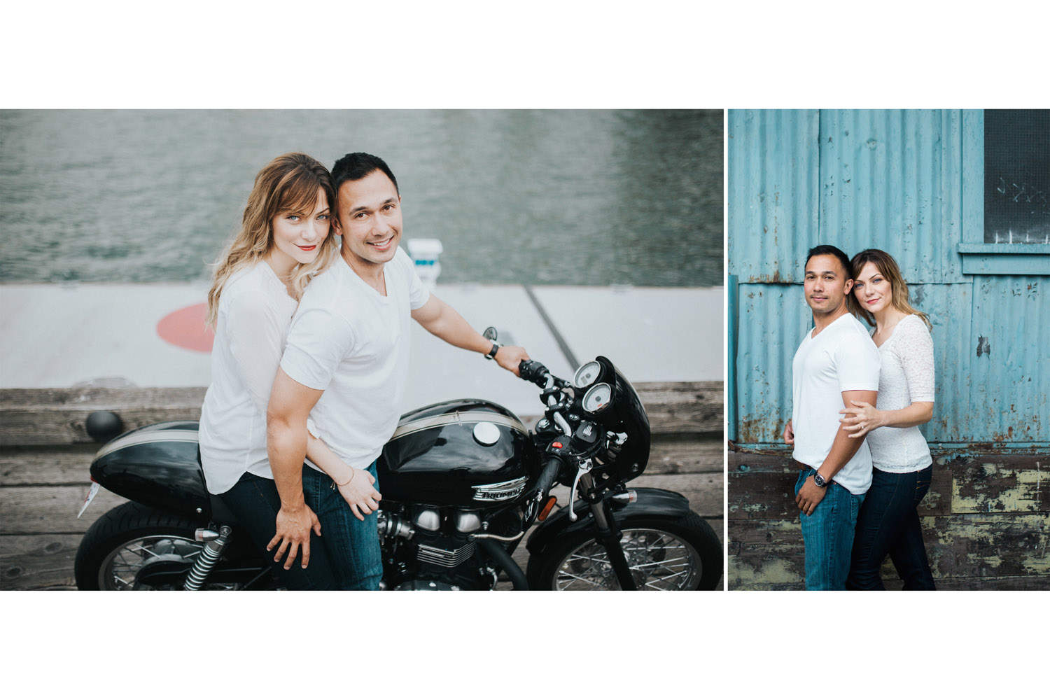 couple on motorcycle during engagement session at granville island