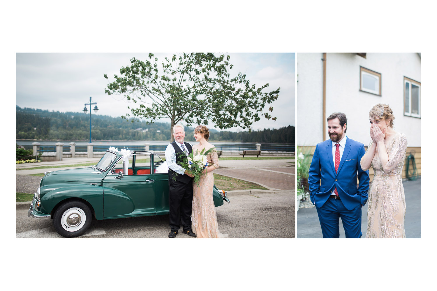 Wedding couple and beautiful restored Morris Minor