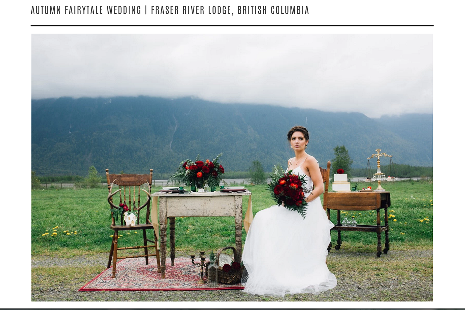 Bride sits at a table during fairytale styled shoot at Fraser River Lodge.