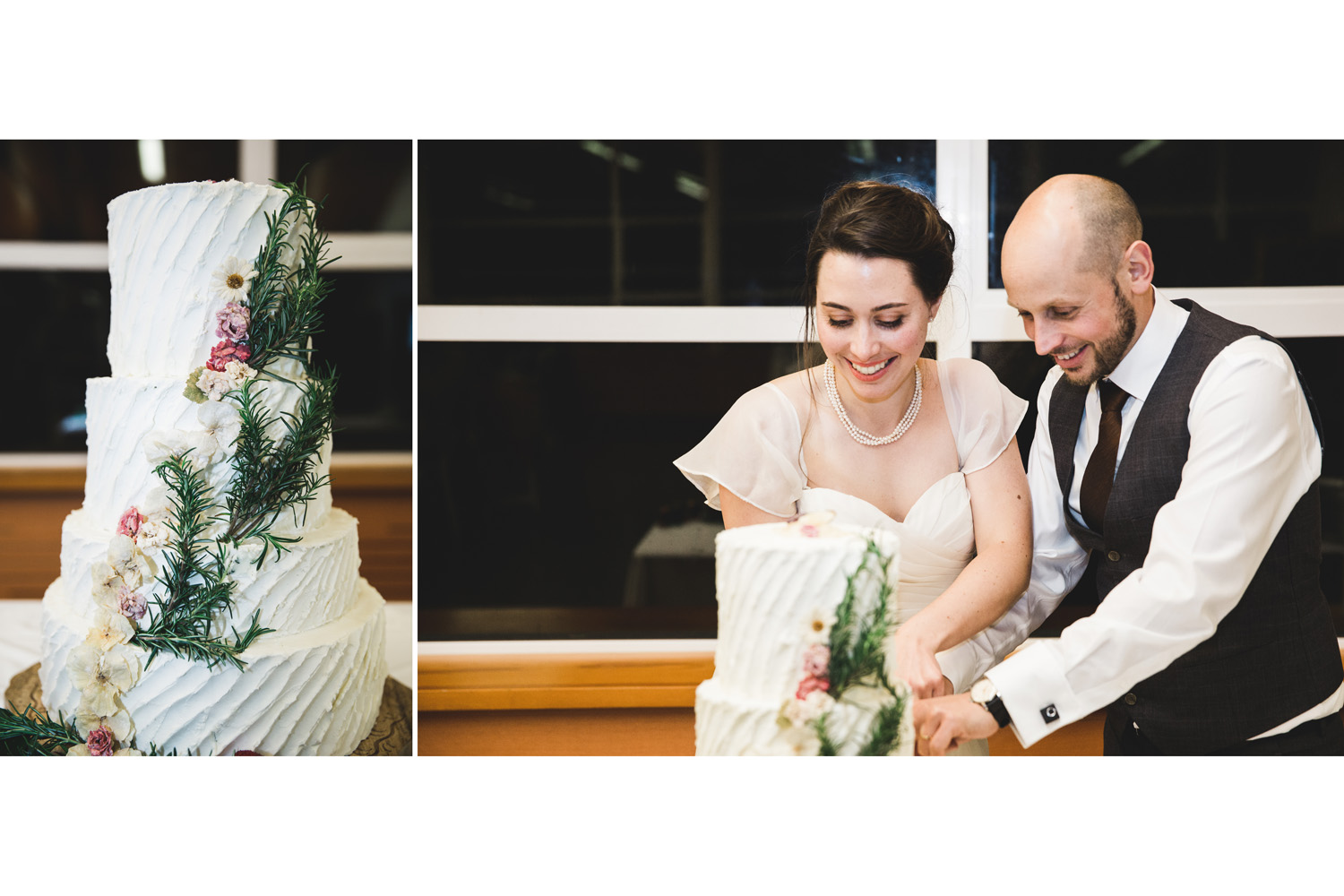 Gambier Island wedding bride and groom cutting the cake