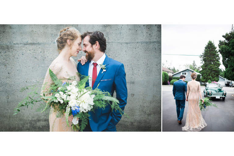 Couple posing for photos in green and gold Port Moody wedding