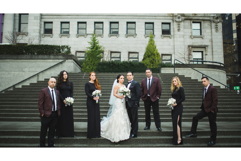 Bridal party photo on the steps of the Art Gallery during Vancouver wedding photos.