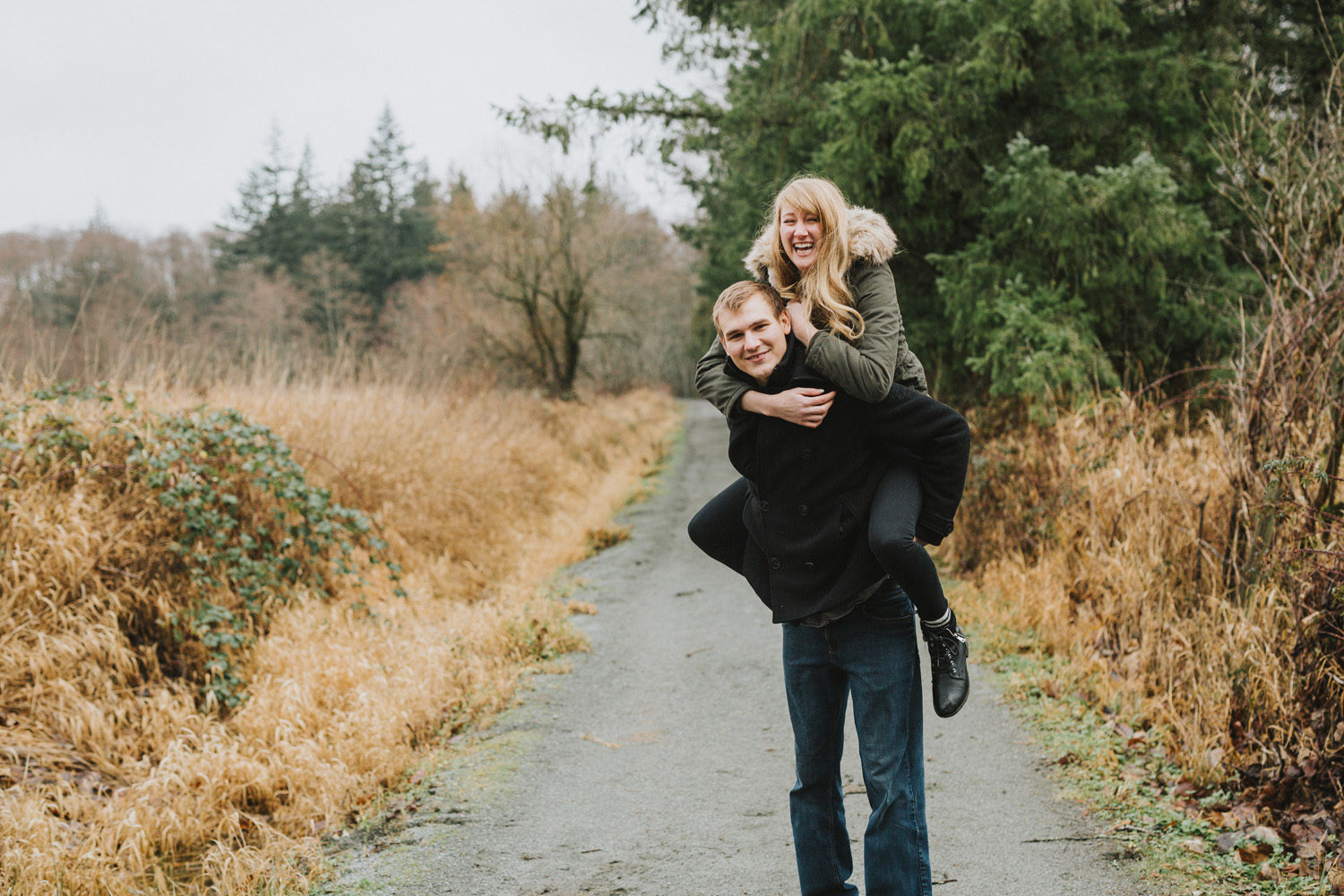 couple posing and having fun at campbell valley engagement session
